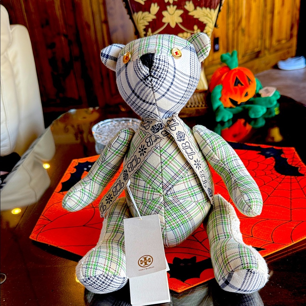 Tory Burch Green and Blue Plaid Teddy Bear. Approx 14”